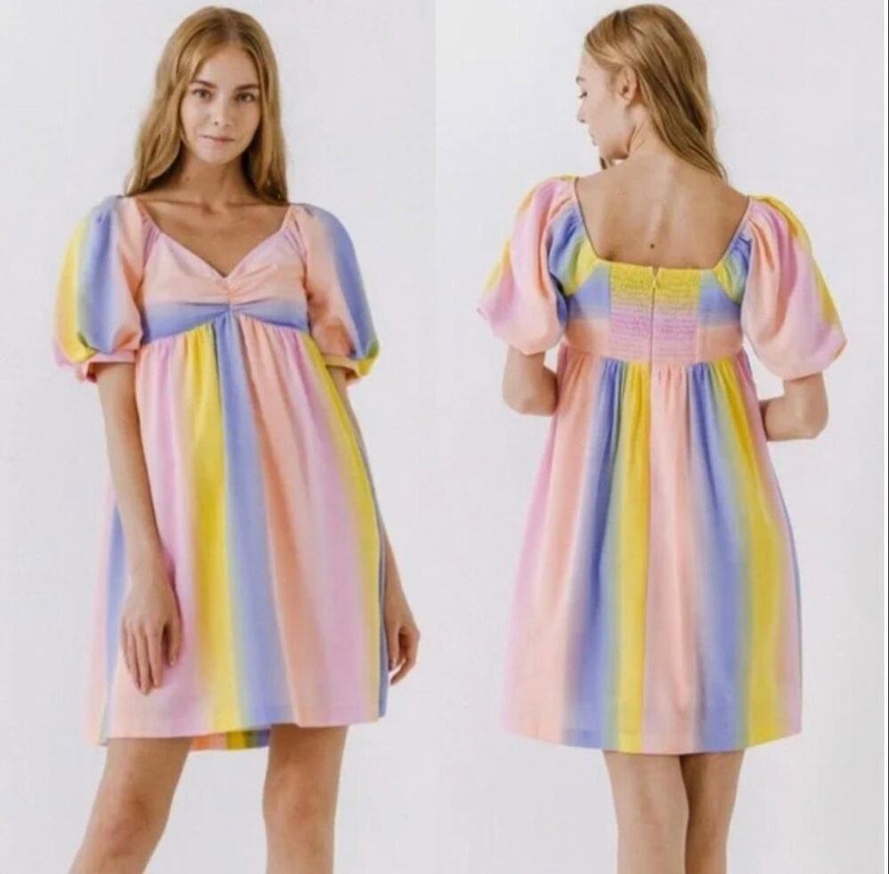 ENGLISH FACTORY Rainbow Stripe Puff Sleeve Babydoll Dress Size L Smocked Back